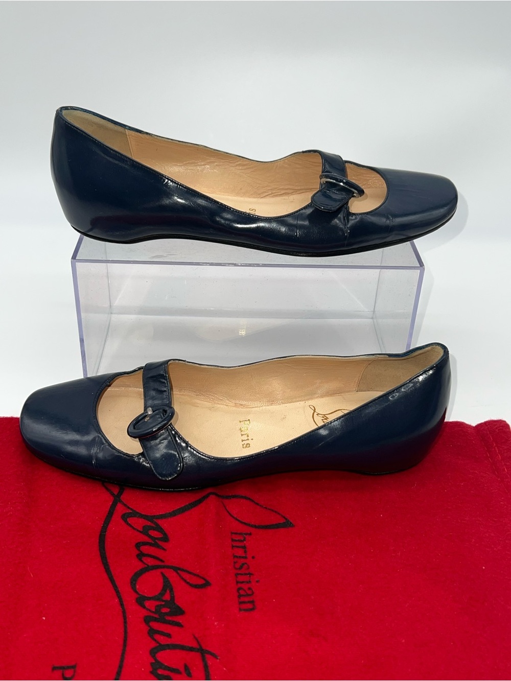 Christian Louboutin Navy Patent Mary Jane Flats w/Buckle Dust Bag Incld-Size 36